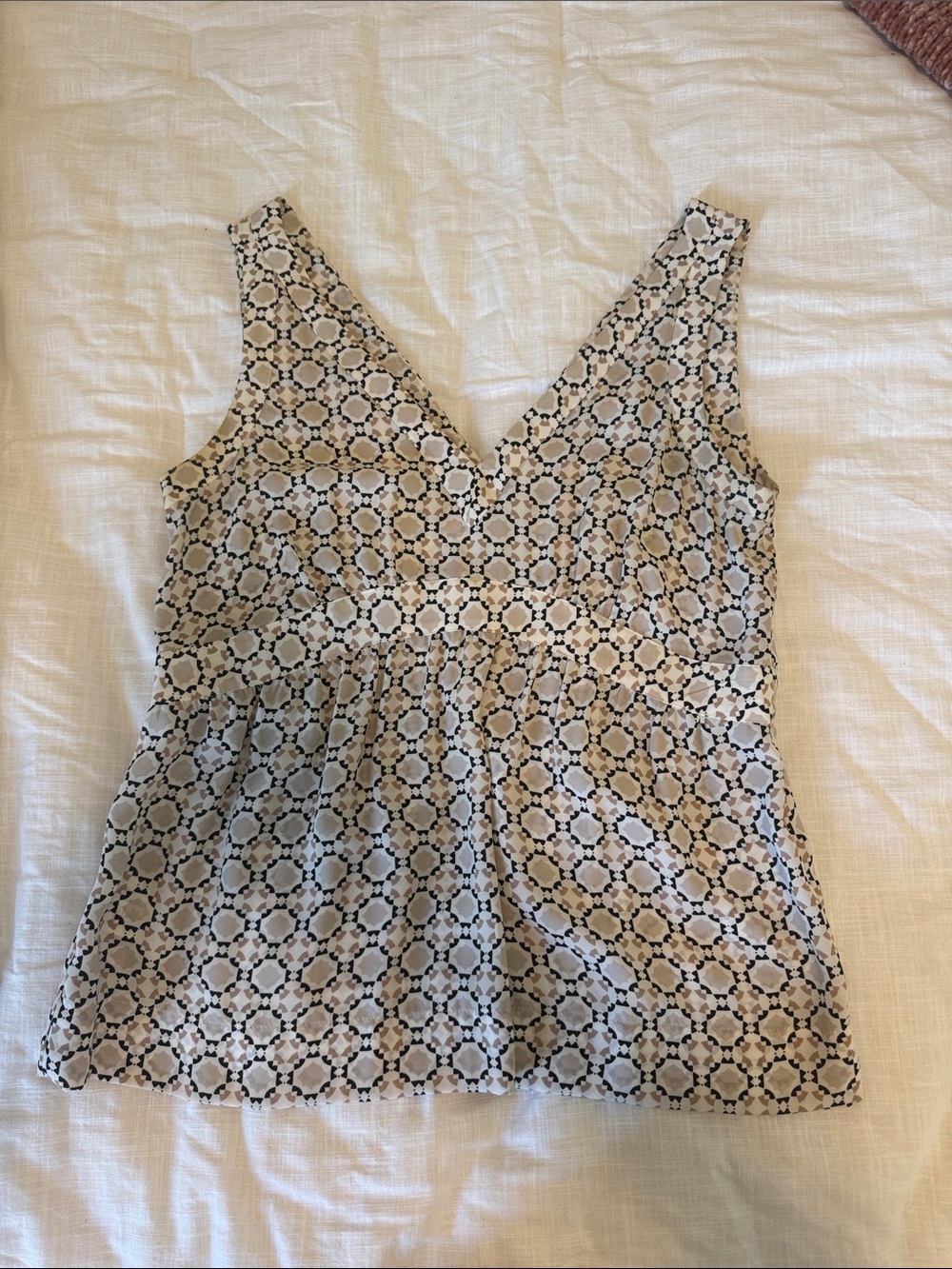 LOFT Beige and Black Patterned V-Neck Sleeveless Top